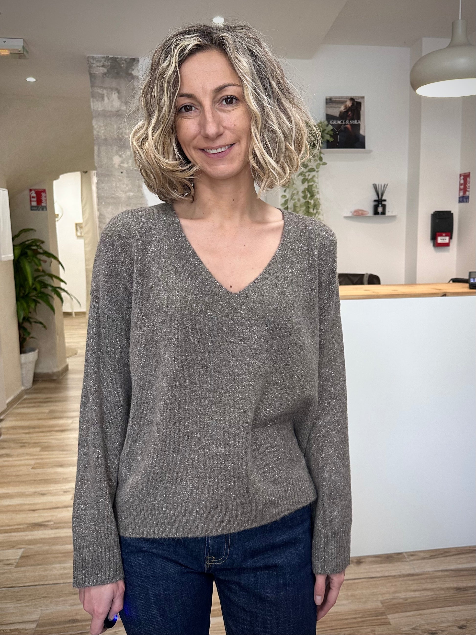Pull taupe brillant femme casual chic