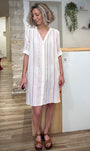 Robe bohème chic femme imprimé rayé rose et écru 