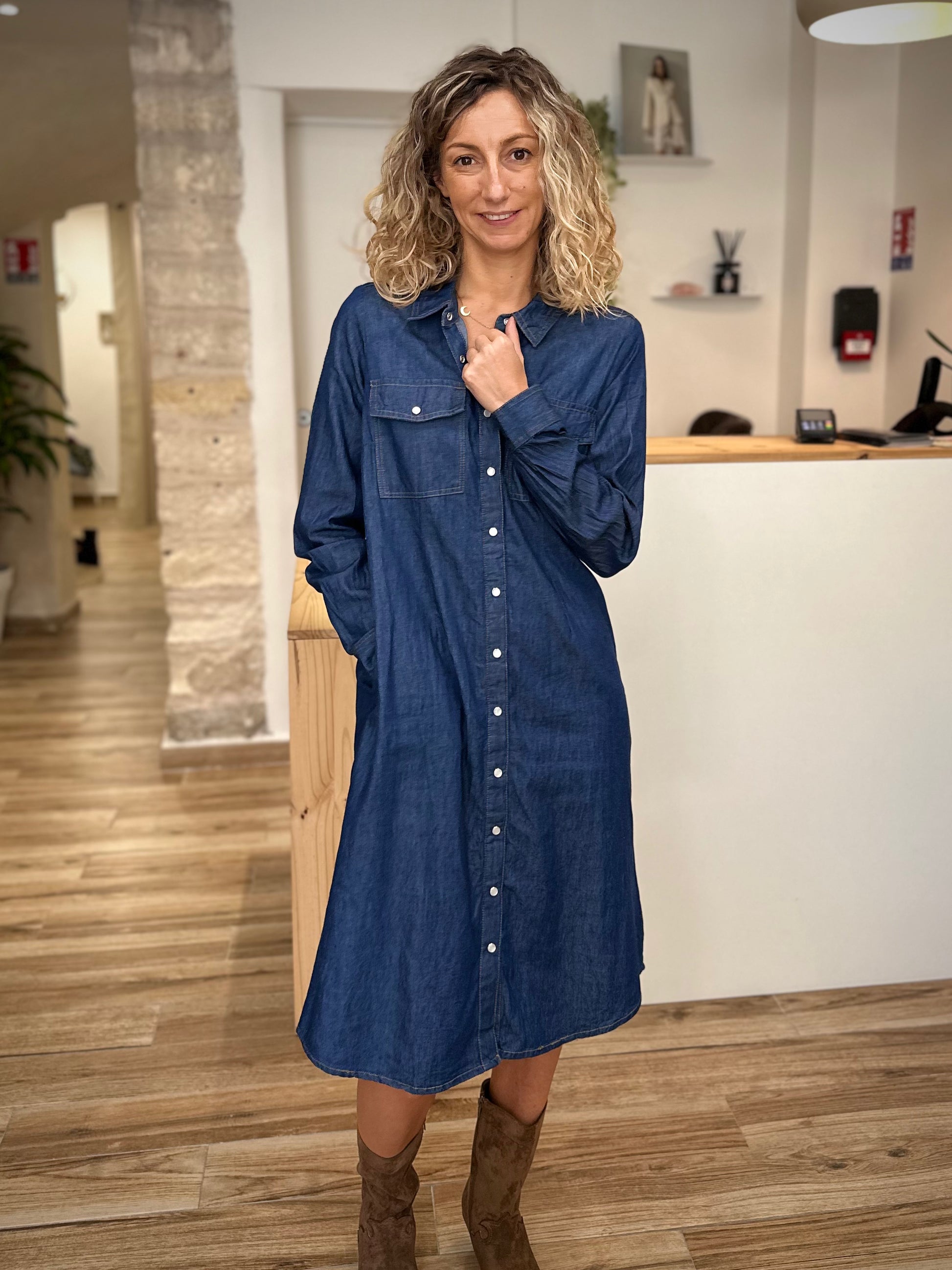 Robe casual chic femme mi-longue denim tendance