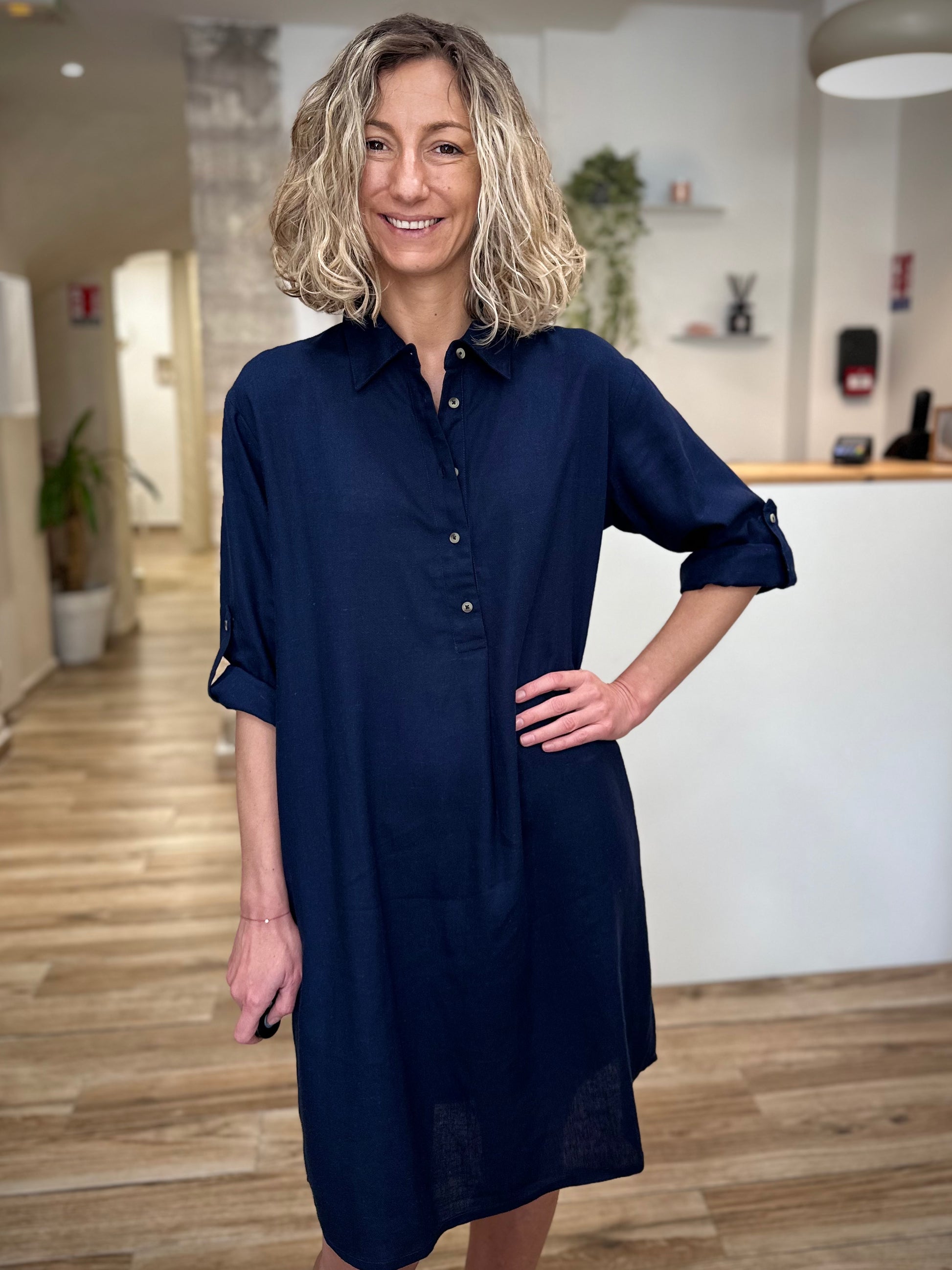 Robe fluide femme manches 3/4 bleu foncé 