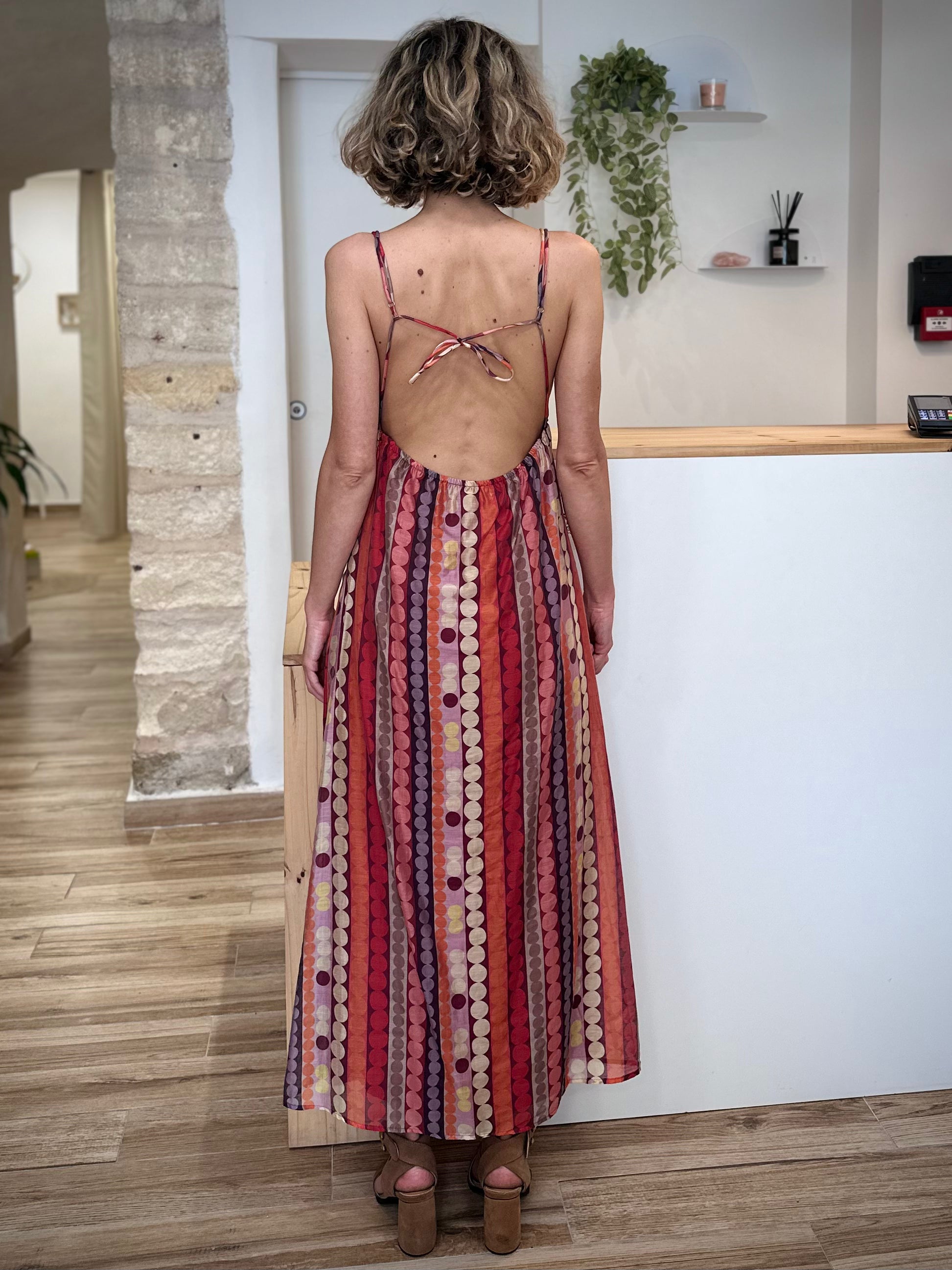 Robe longue femme dos nu imprimé coloré