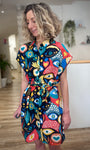 Robe graphique femme fond noir motifs colorés 