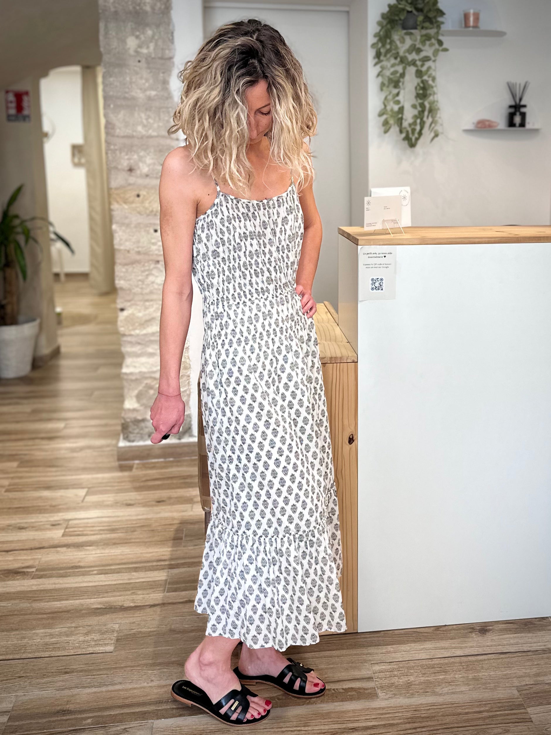 Robe fluide en coton naturel imprimé graphique 
