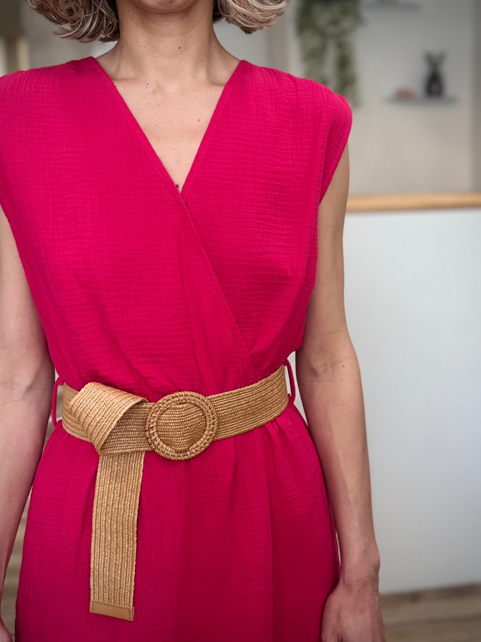 Robe femme avec ceinture effet raphia 