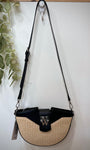 Sac bandoulière noir avec détail raphia beige 