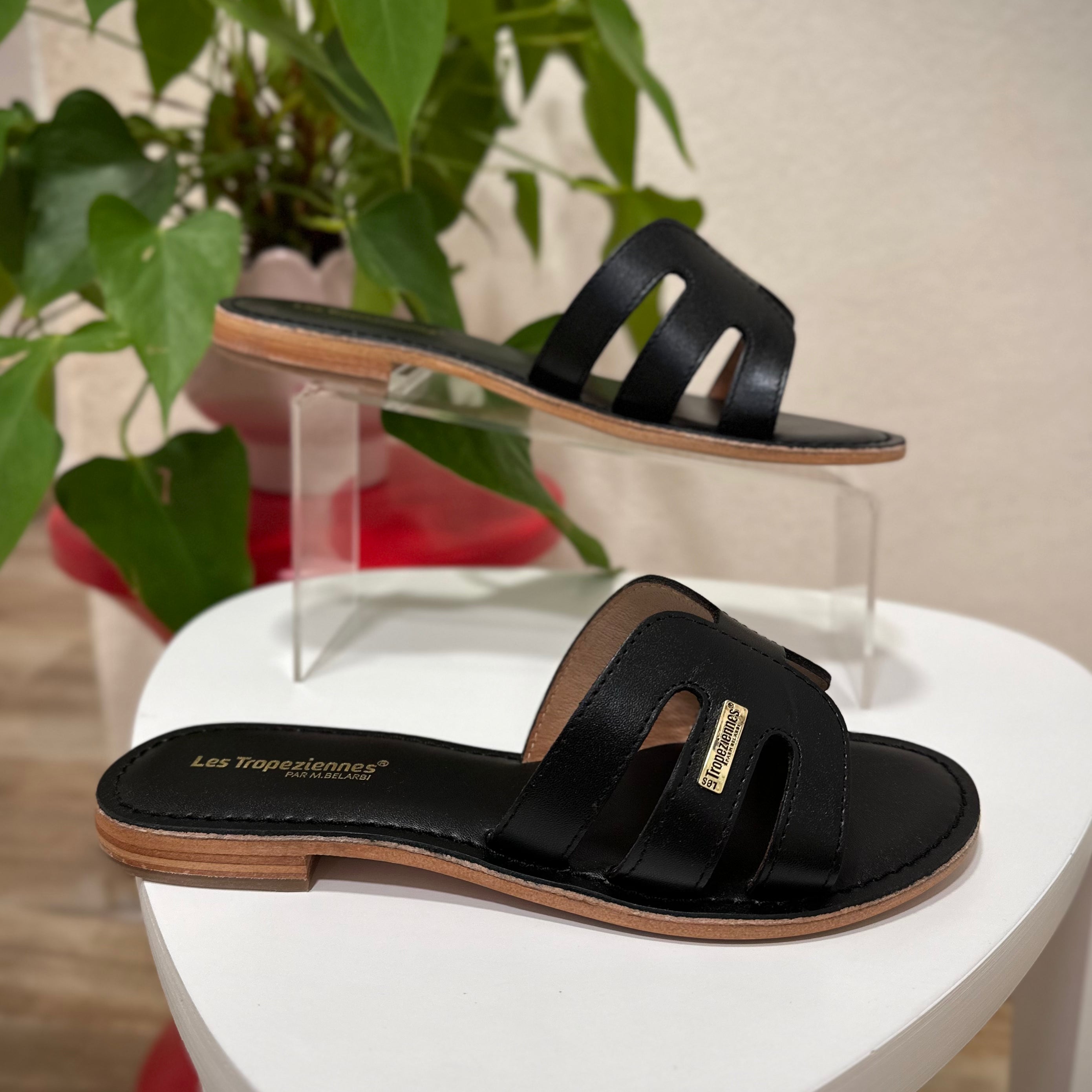 Vue de profil des mules Damia en cuir noir 