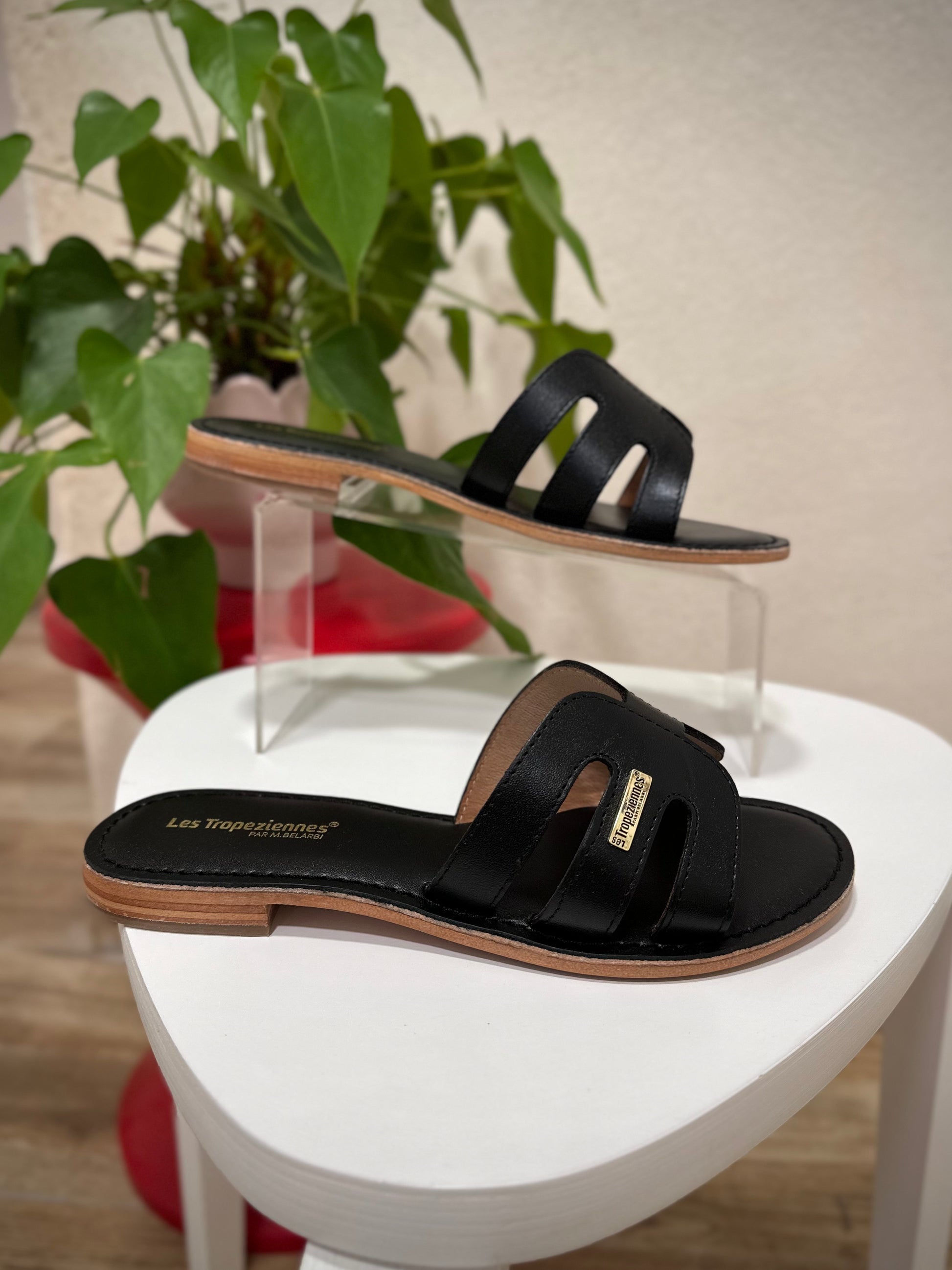 Vue de profil des mules Damia en cuir noir 