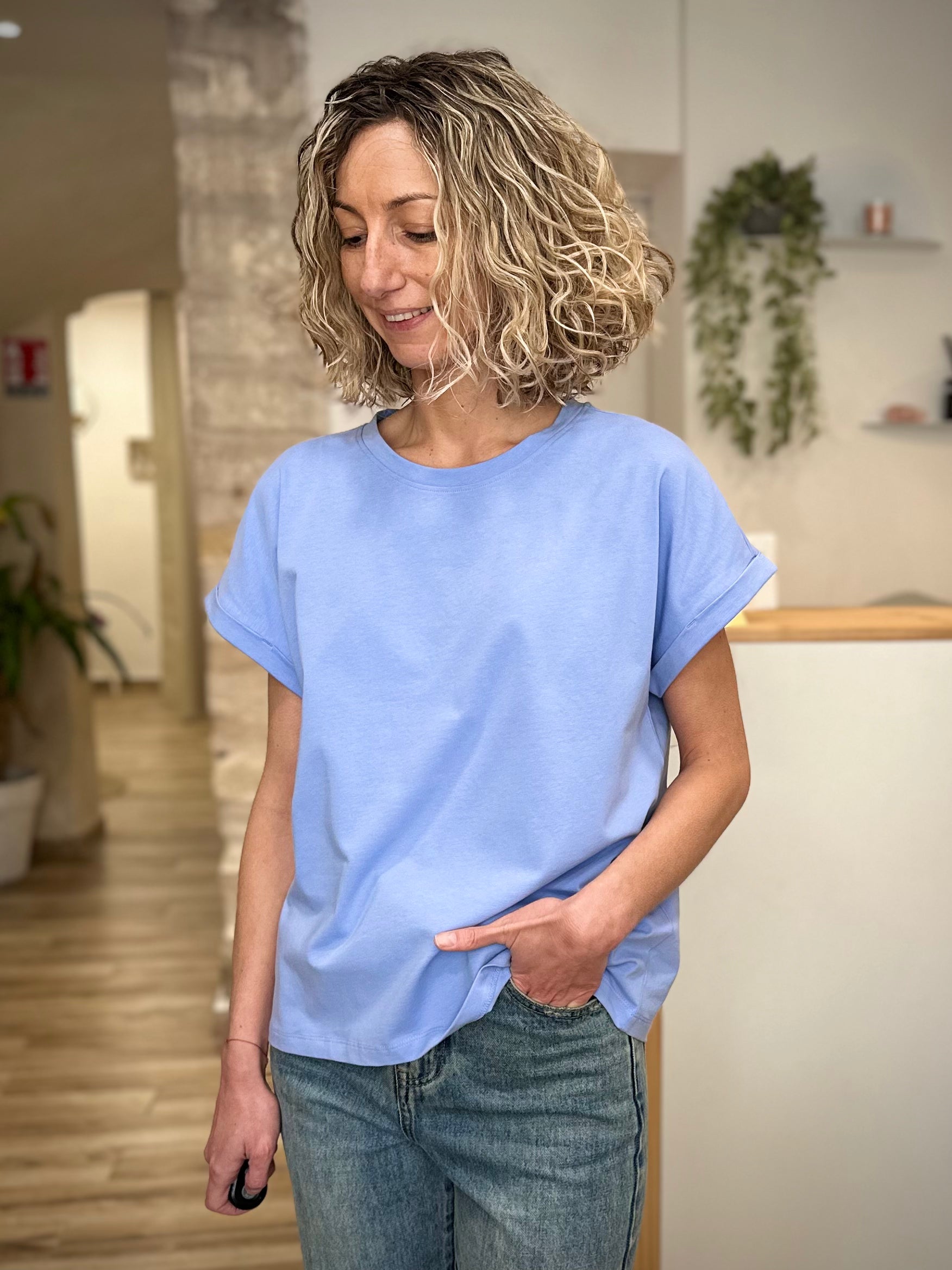 T-shirt confortable femme coton stretch bleu clair 