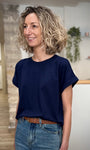T-shirt femme bleu marine manches courtes avec revers 