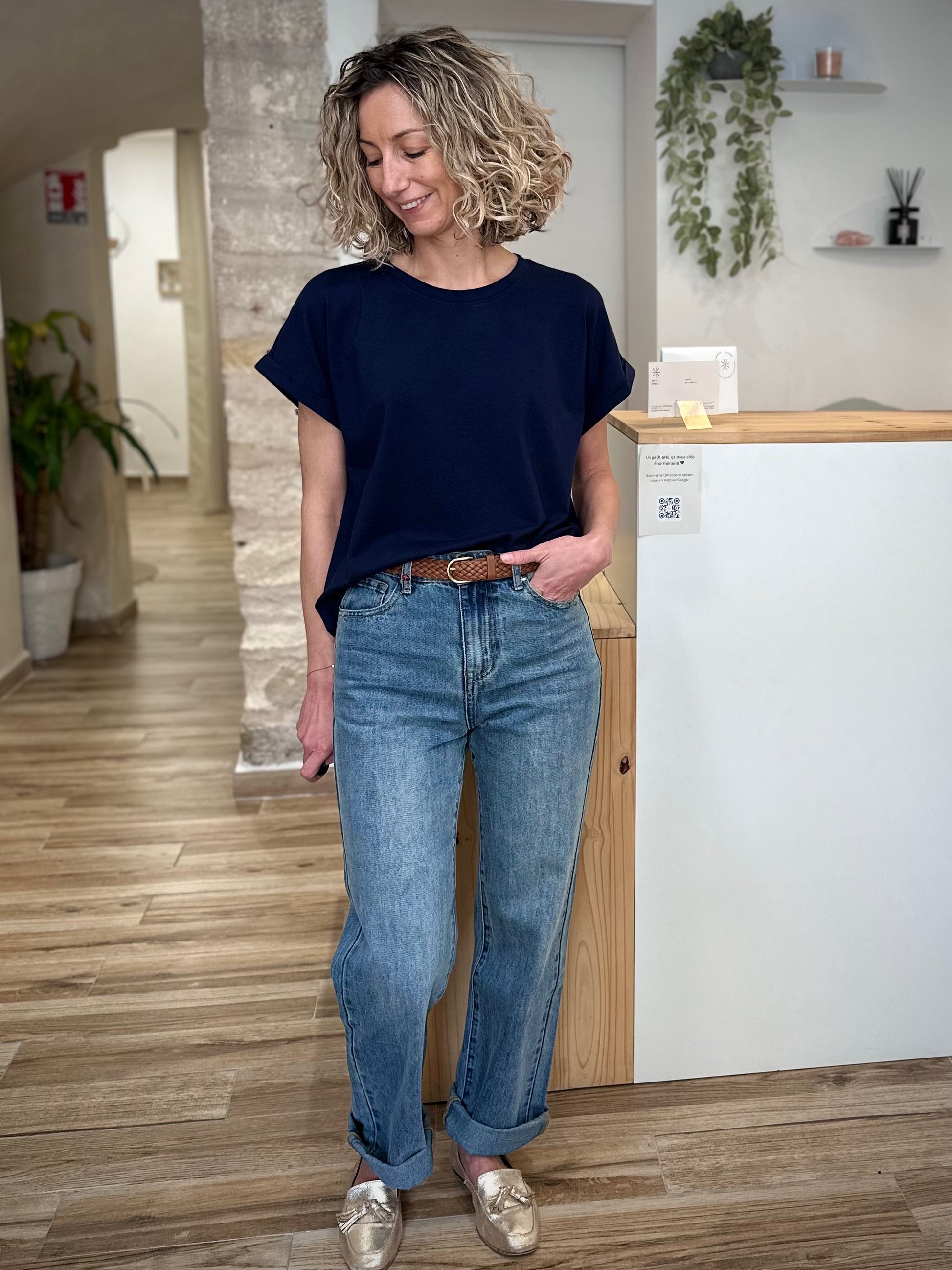 Haut femme casual chic bleu marine coupe ample 