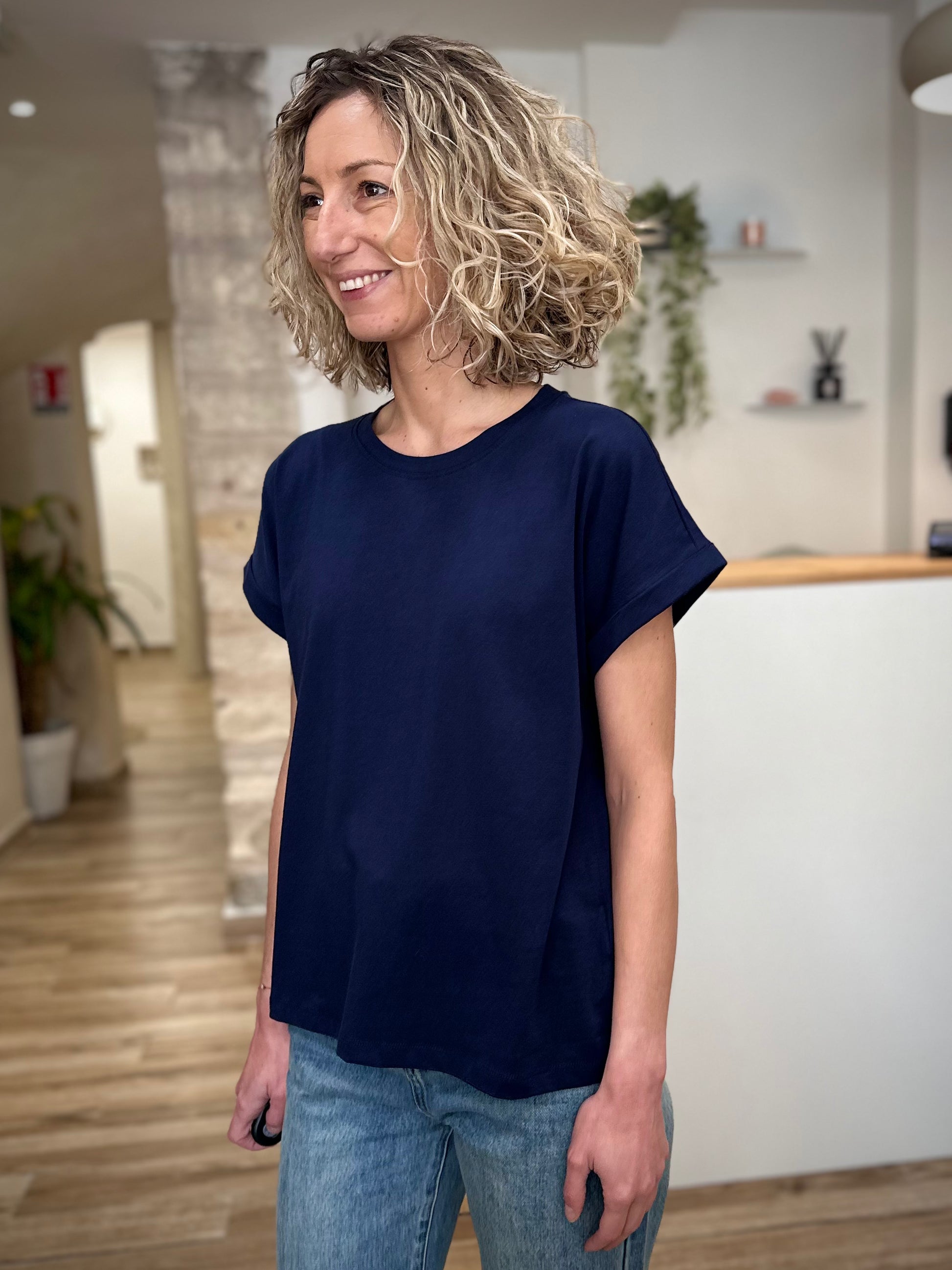 T-shirt boxy femme longueur hanches bleu marine 