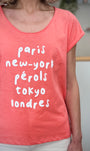 Détail imprimé Paris New-York Pérols Tokyo Londres blanc 