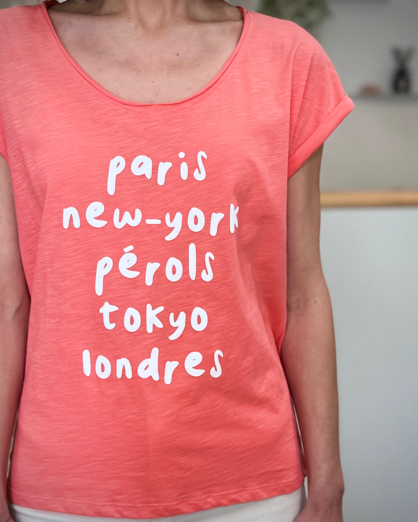 Détail imprimé Paris New-York Pérols Tokyo Londres blanc 