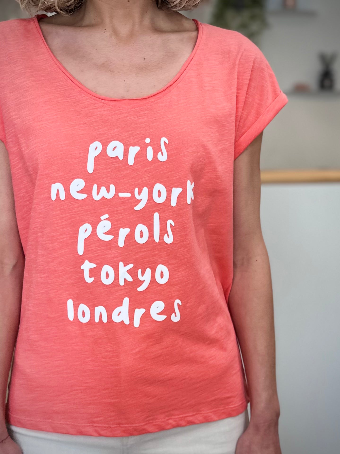 Détail imprimé Paris New-York Pérols Tokyo Londres blanc 