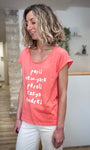 Tee-shirt femme col rond corail imprimé blanc 