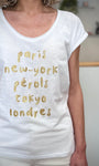 Détail imprimé Paris New-York Pérols Tokyo Londres doré 