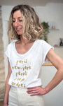 Tee-shirt blanc femme en coton avec inscription dorée 