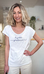 Tee-shirt femme blanc avec écriture bleue marine 