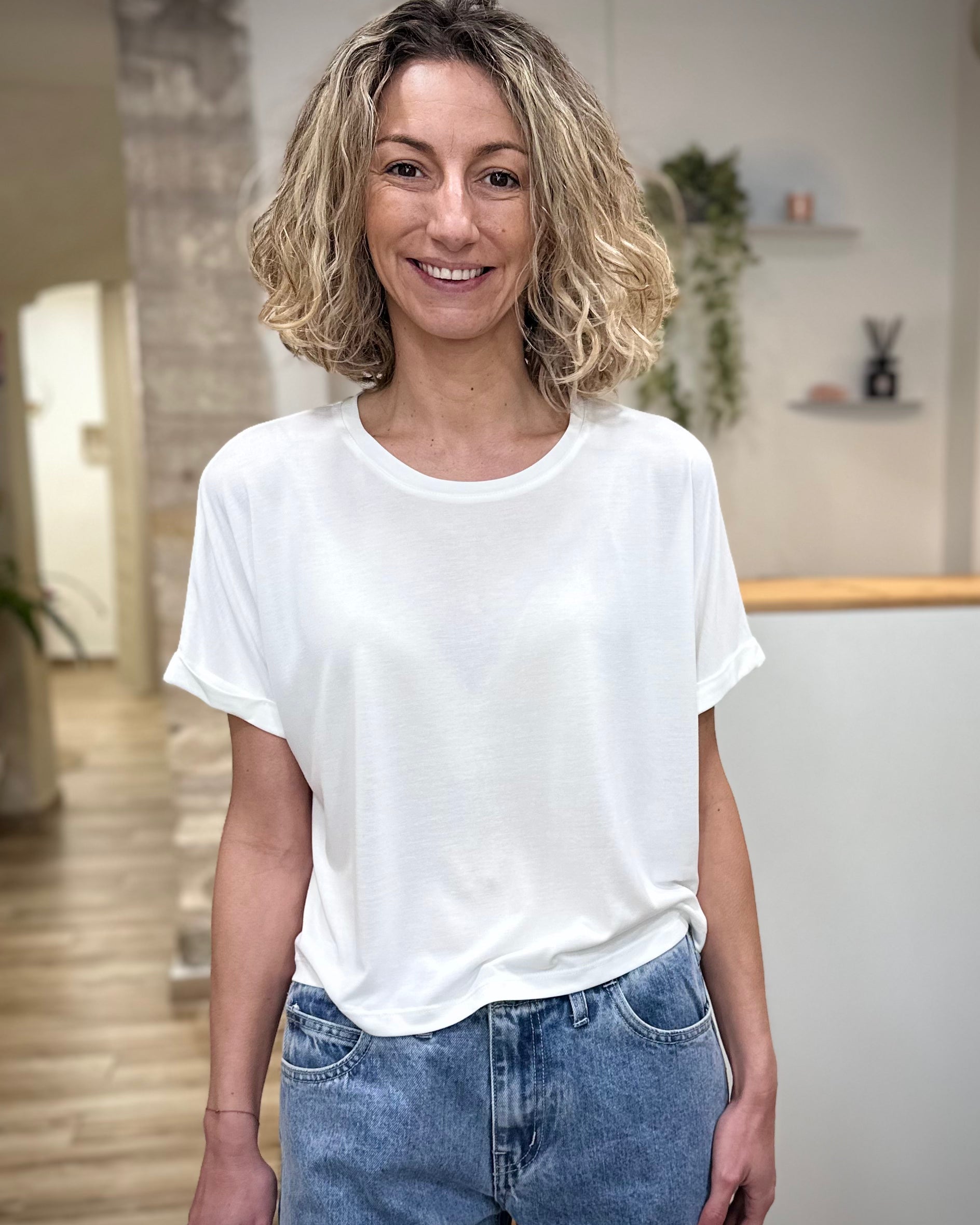 Top ample ivoire manches 3/4 femme