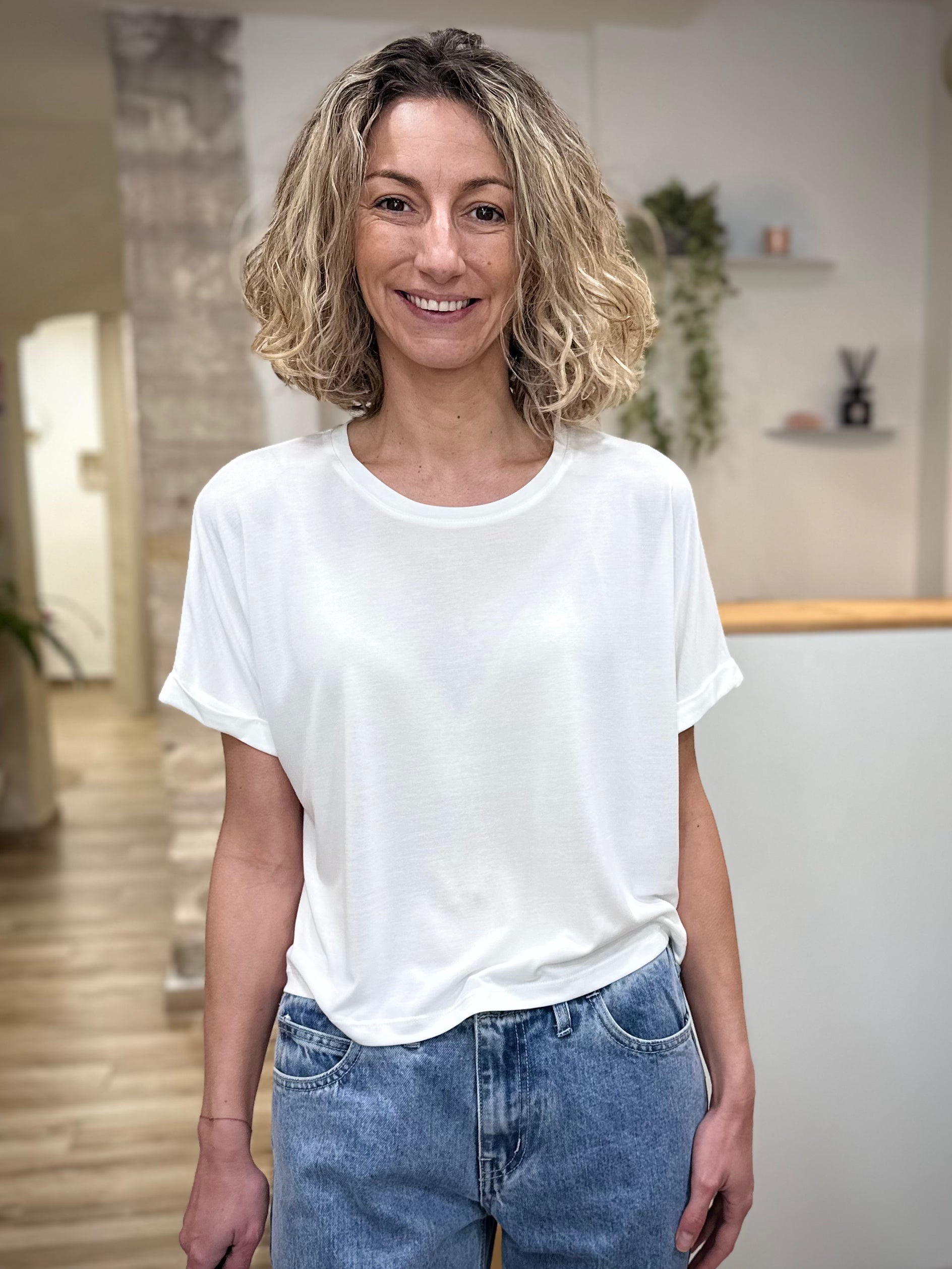 Top ample ivoire manches 3/4 femme