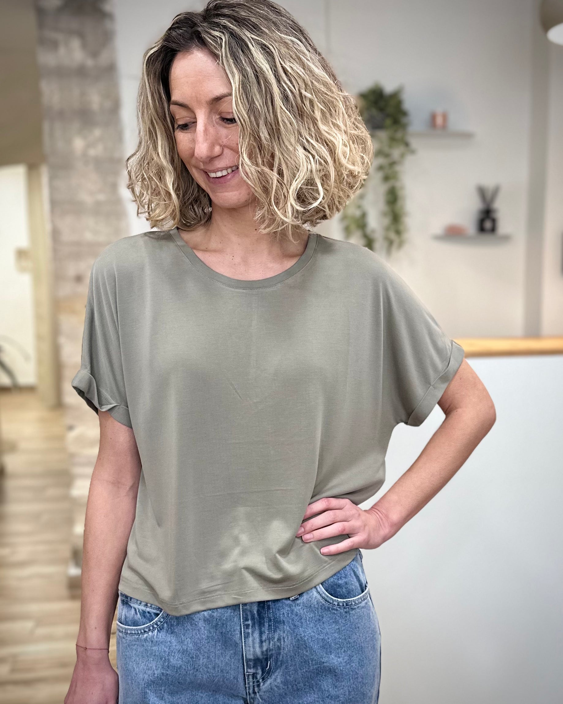 Top ample kaki manches 3/4 femme