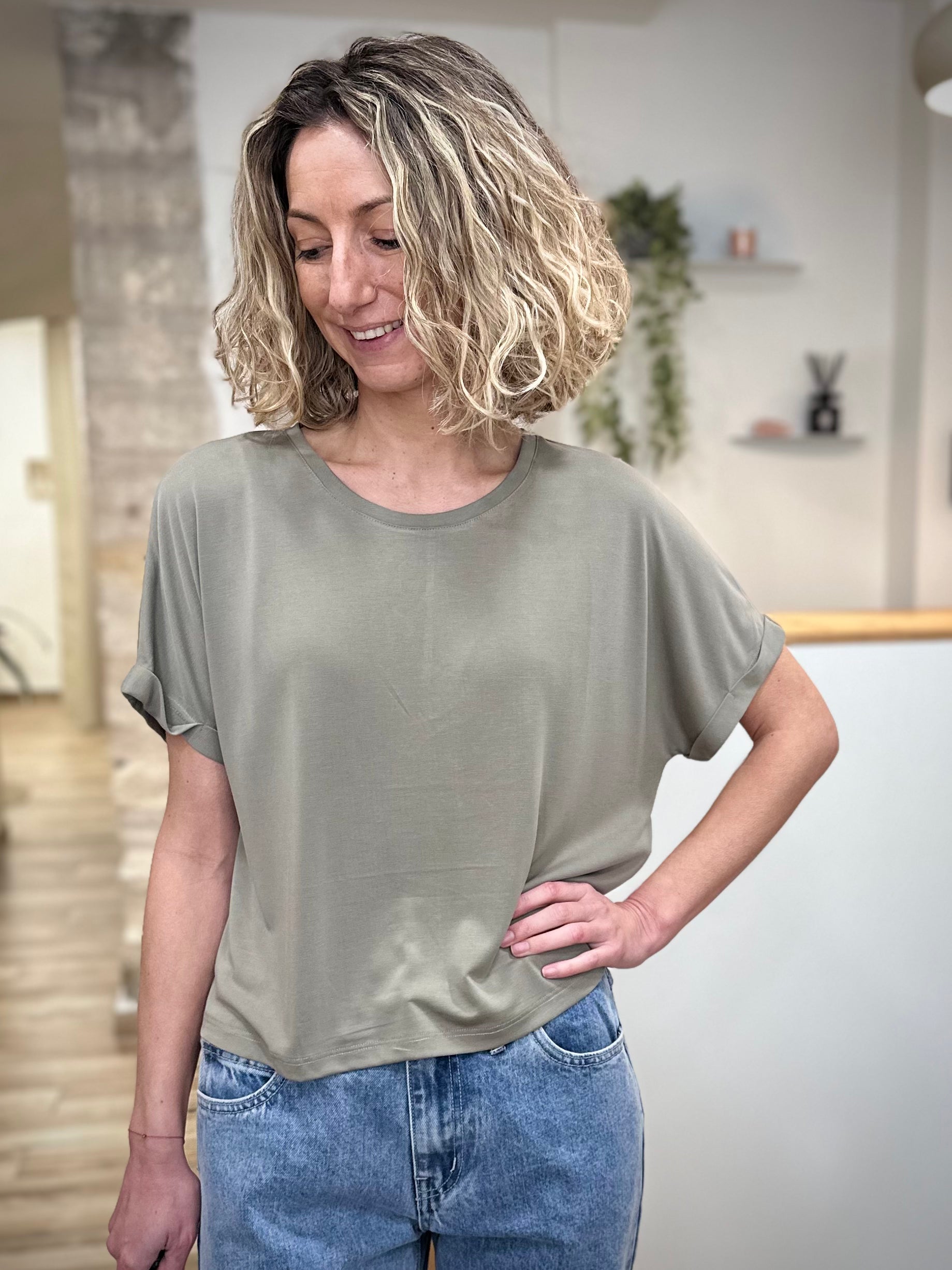 Top ample kaki manches 3/4 femme