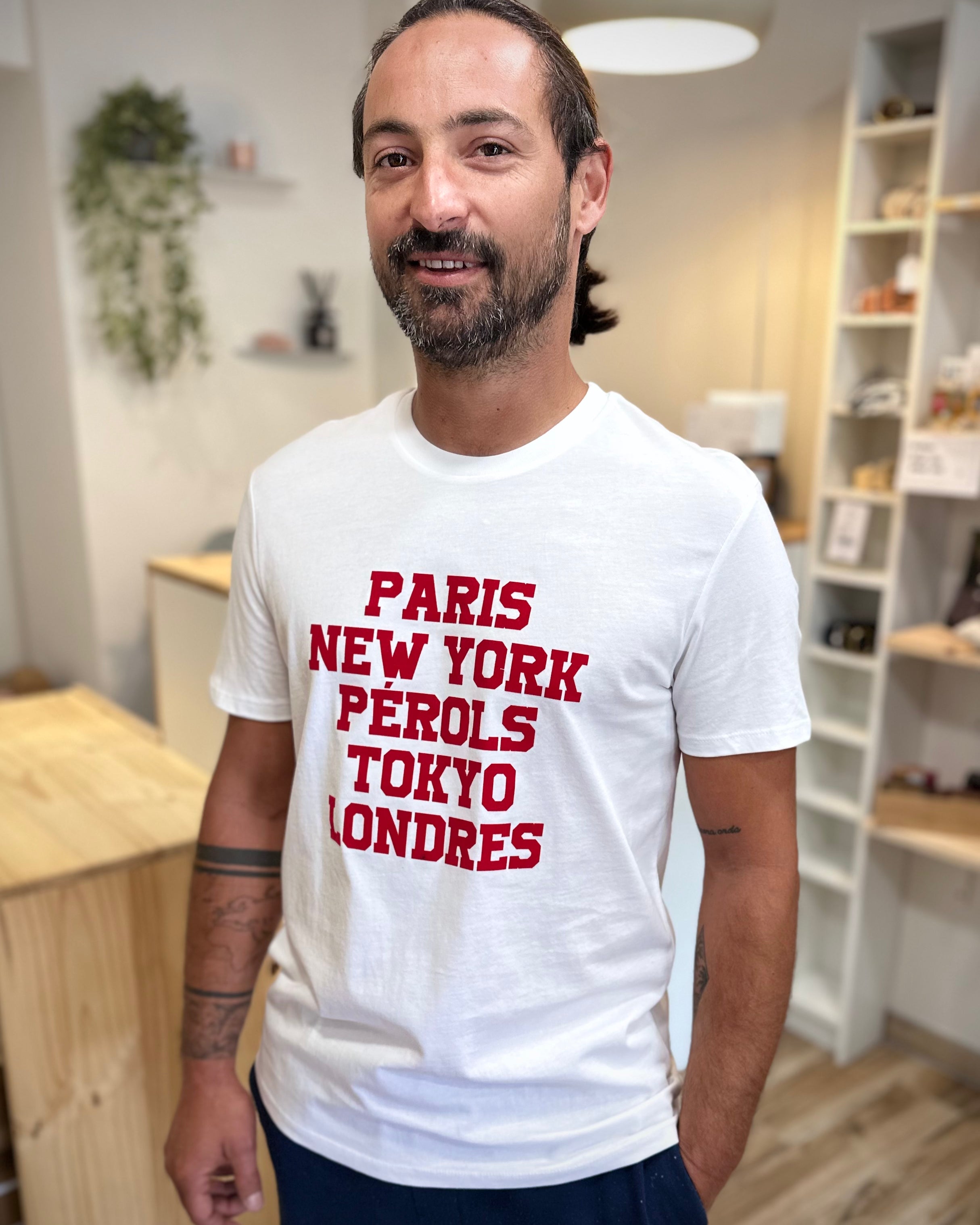 Tee-shirt homme blanc avec marquage velours rouge