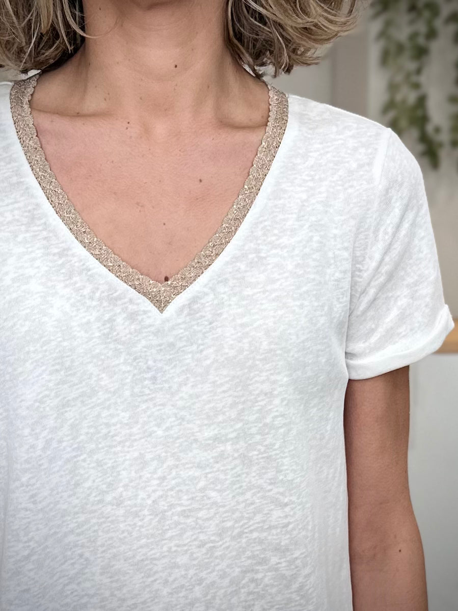 Détail col v lurex t-shirt femme 