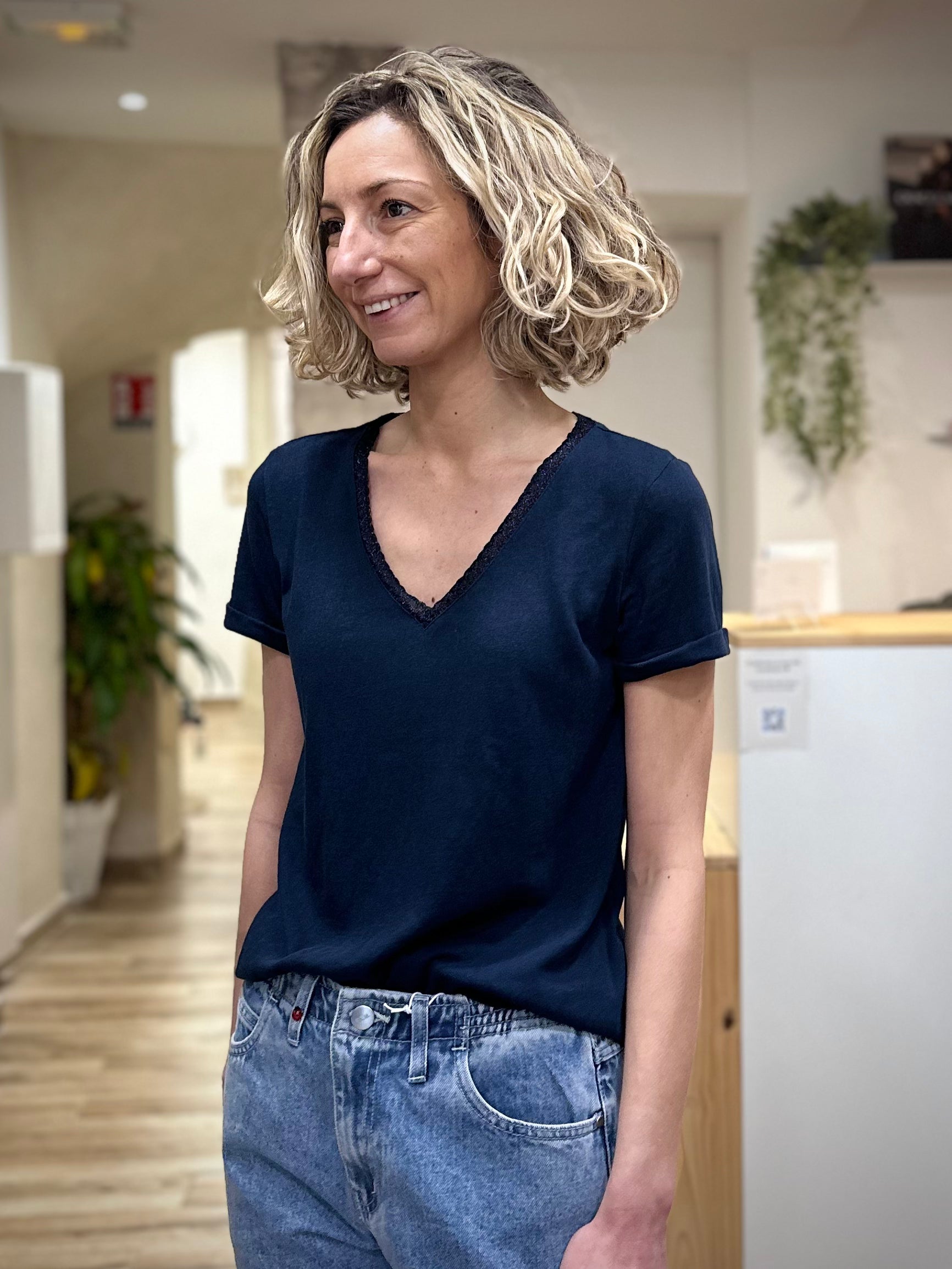 T-shirt coton bleu marine manches courtes