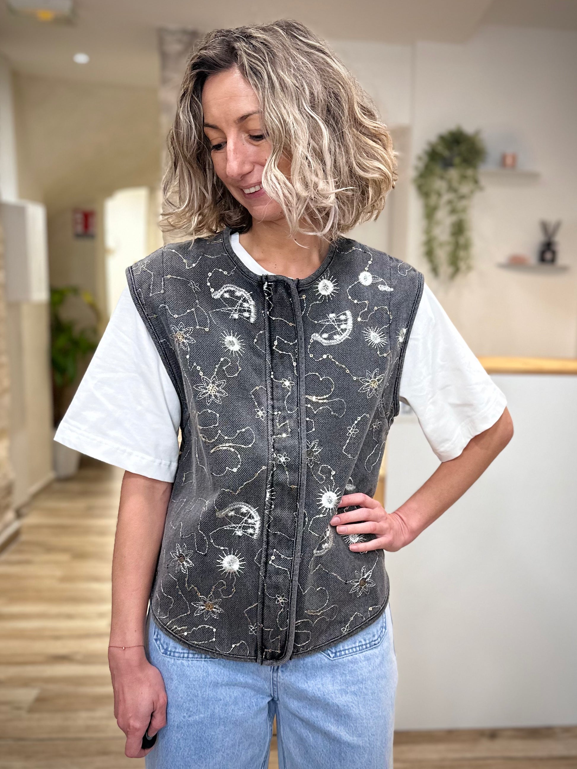Veste denim femme sequins et fil lurex