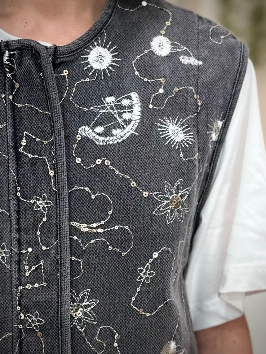 Détail sequins broderie veste jean femme