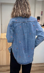 Dos d’une veste denim brodée avec plis d’aisance
